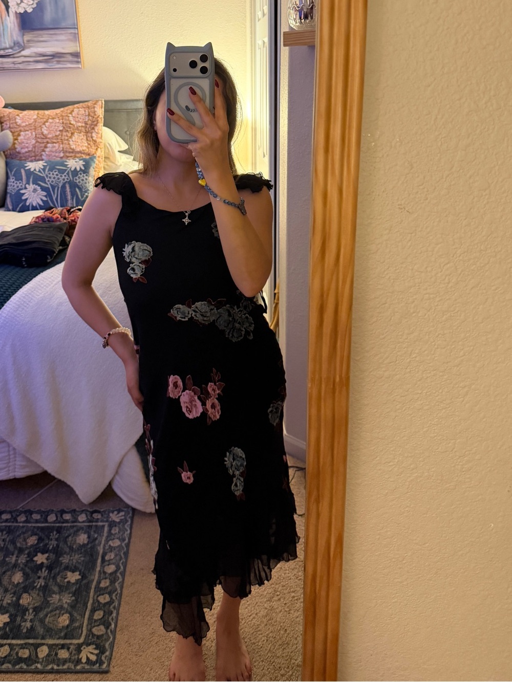 Vintage Black Floral Midi Dress velvet burnout